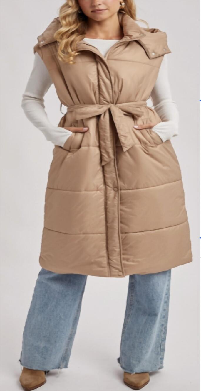 NEW BLUIVY long line belt puffer hooded vest in taupe